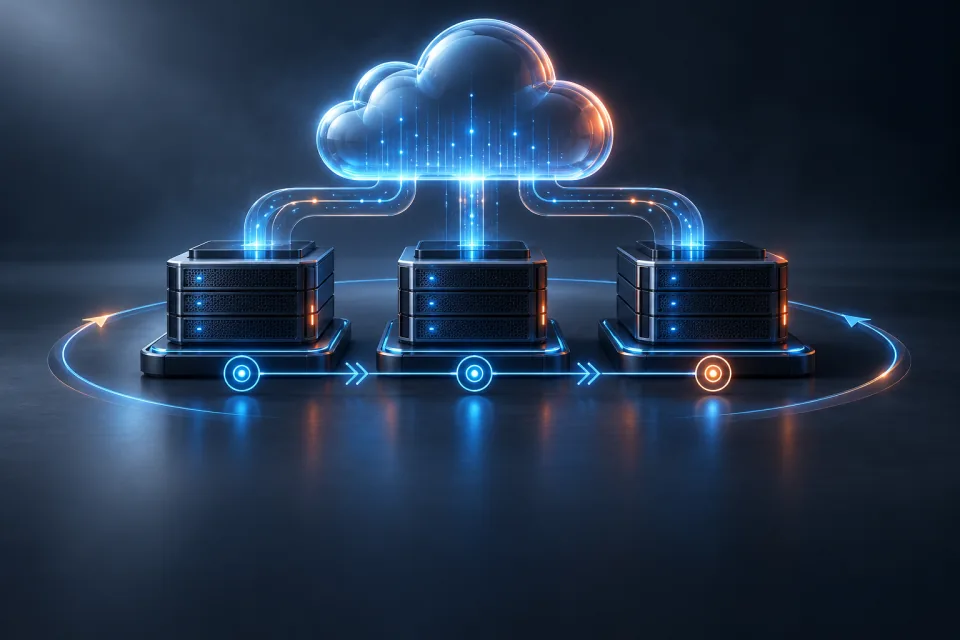 Cloud infrastructure linked to servers and a continuous deployment pipeline