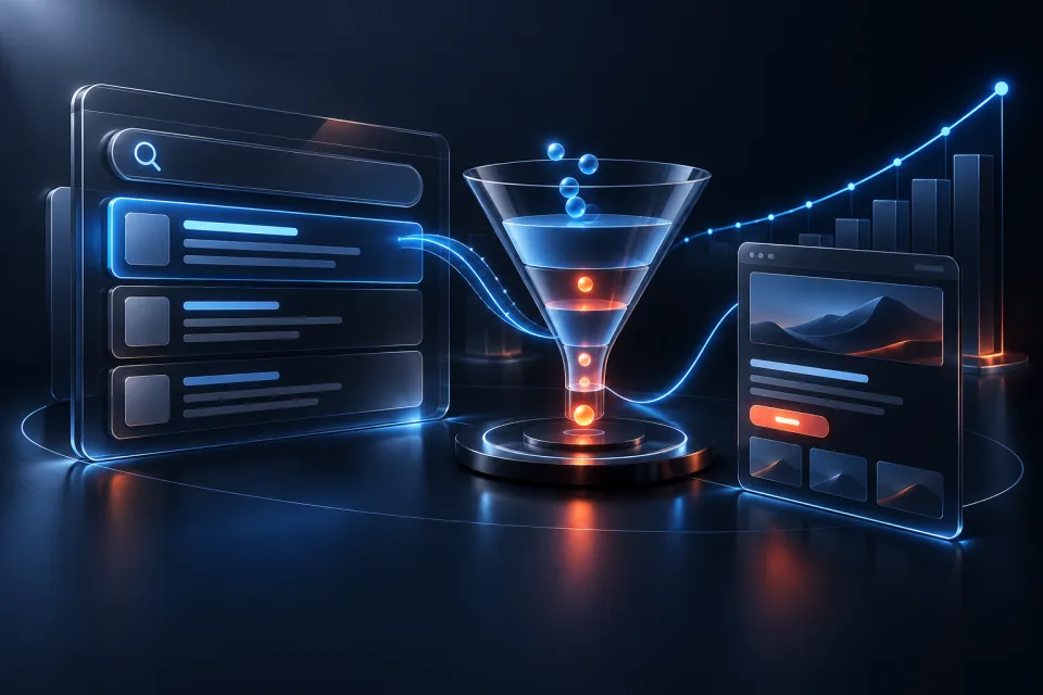 Search visibility and landing page journey connected to a conversion funnel