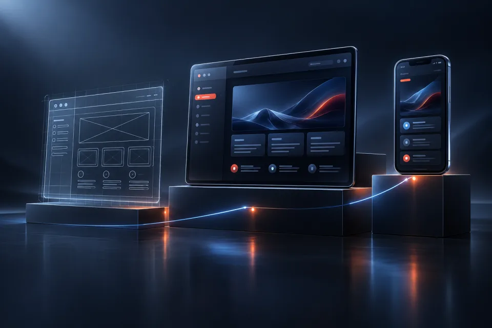 Product wireframes evolving into a finished web and mobile application