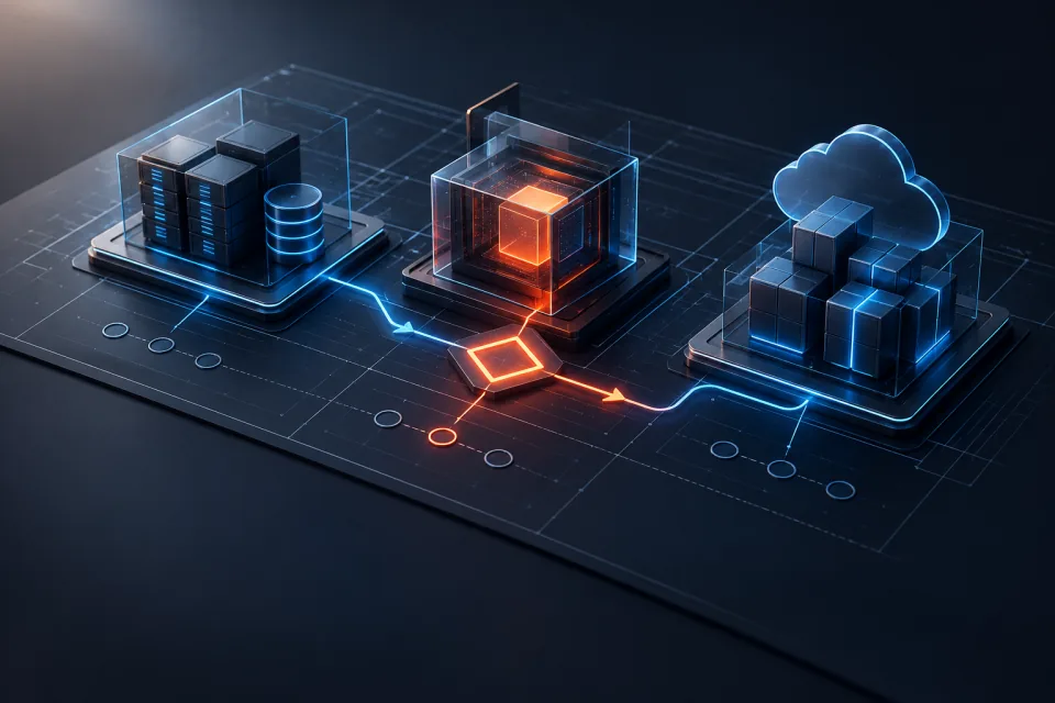System architecture blueprint with connected modules and a delivery roadmap