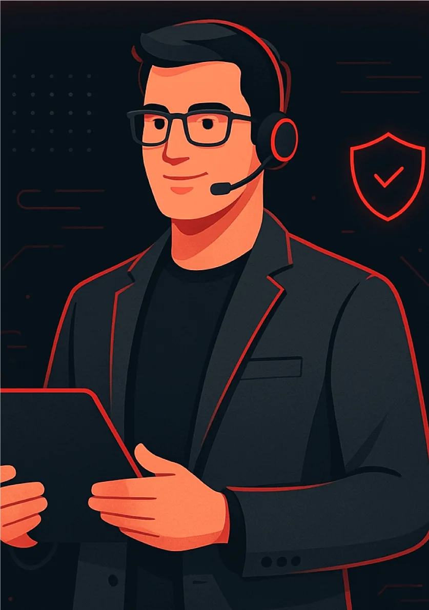 Illustration of a Ramlit support engineer with a headset and tablet