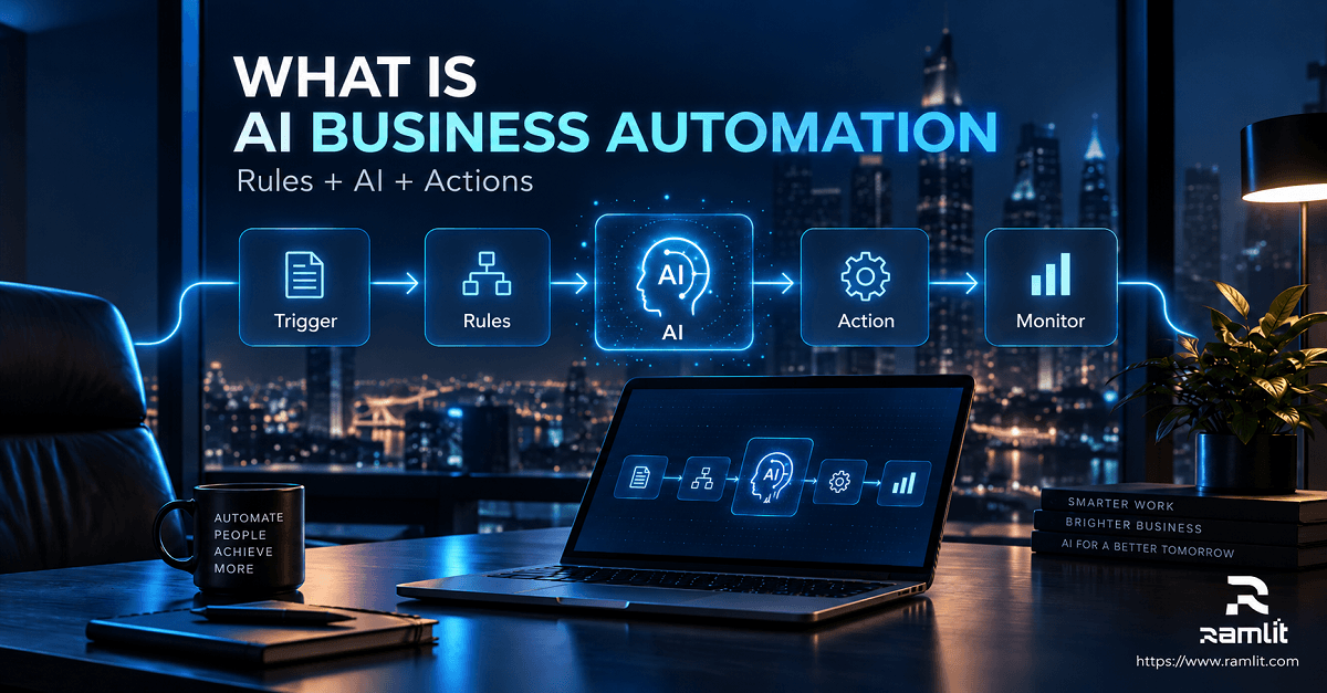 AI business automation workflow showing trigger, rules, AI decision-making, actions, and monitoring