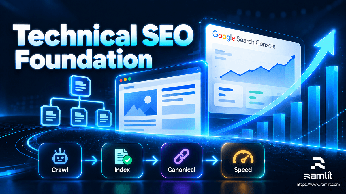Technical SEO foundation showing crawlability, indexing, canonical setup, and site speed for better Google rankings