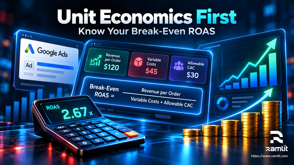 Google Ads unit economics showing revenue, allowable customer acquisition cost, break-even ROAS, and profitable campaign growth