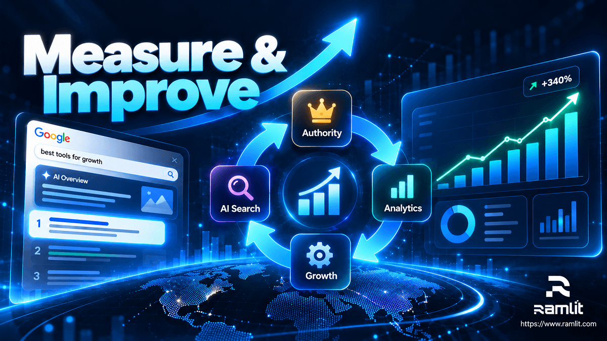 SEO growth loop showing analytics, authority, AI search visibility, and continuous performance improvement