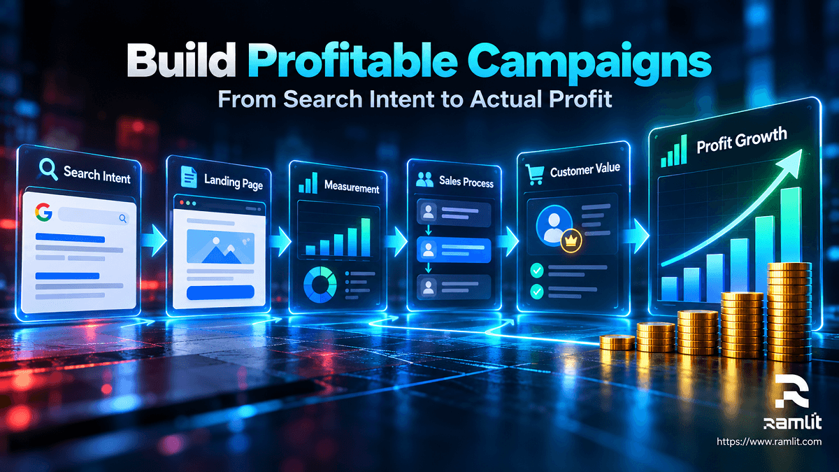 Profitable Google Ads campaign framework connecting search intent, landing pages, measurement, sales process, customer value, and profit growth
