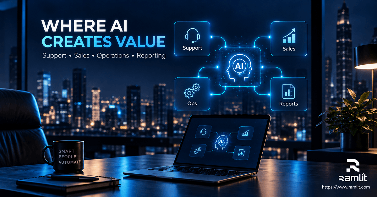 AI business automation use cases for customer support, sales, operations, and reporting