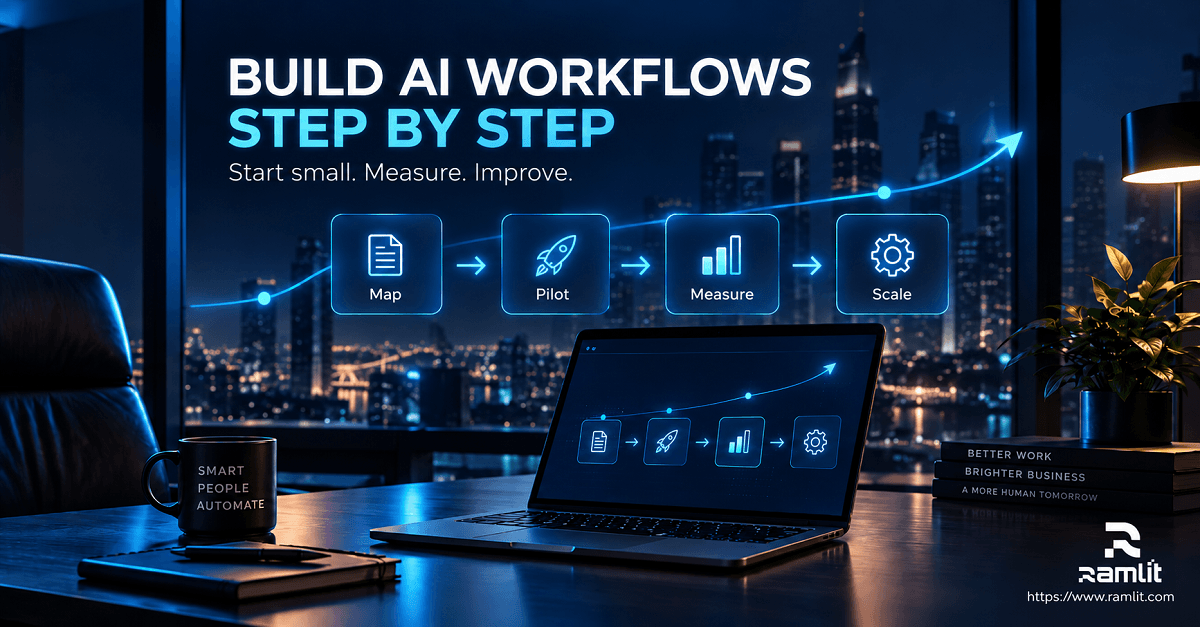 Step-by-step AI workflow automation roadmap covering process mapping, pilot testing, measurement, and scaling