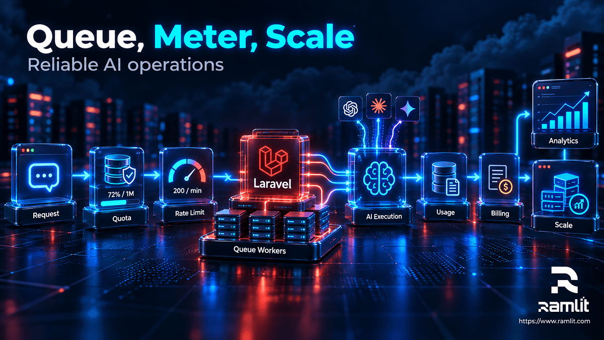 Laravel AI SaaS request flow with quotas, rate limiting, queue workers, AI execution, usage metering, billing, and scalable operations